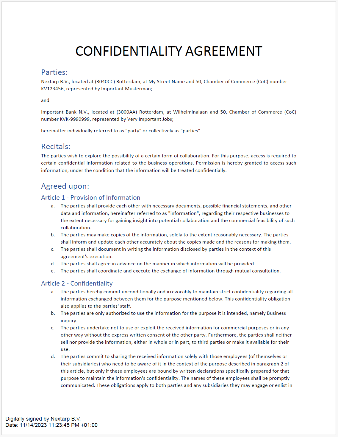 NDA with advanced signature, encrypted